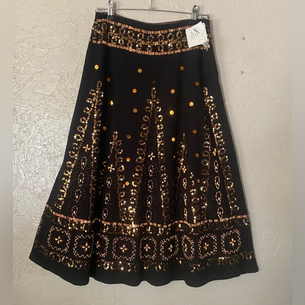 BASIL & MAUDE MIDI SKIRT SWING SEQUINS BEADS EMBELLISHED LINED LINEN BLEND 4